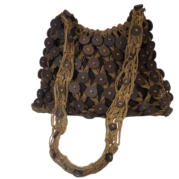 Macrame Brown Crossbody Shoulder Bag with Brown Buttons Attached - Picture 1 of 9